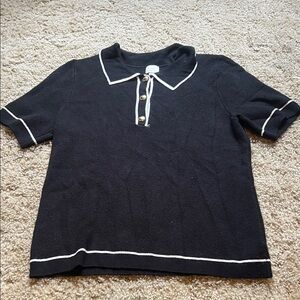 A New Day Black Knit Polo Top with White Trim
